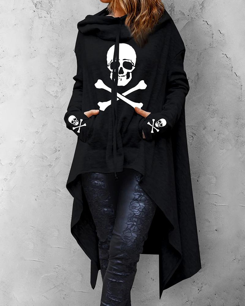 

Halloween Skull Print Hooded Asymmetrical Top, Black