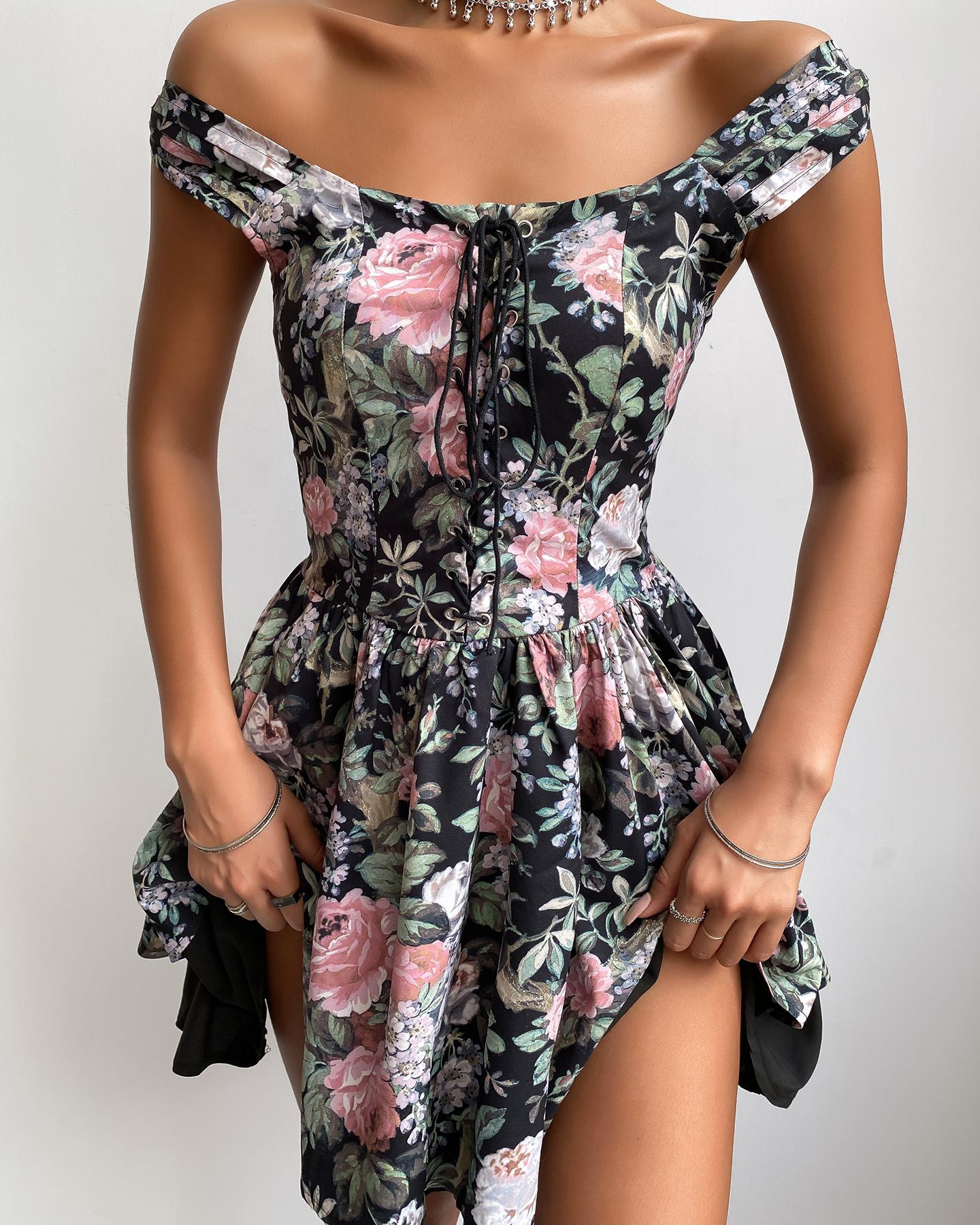 

Eyelet Lace-up Off Shoulder Floral Print Dress, Black