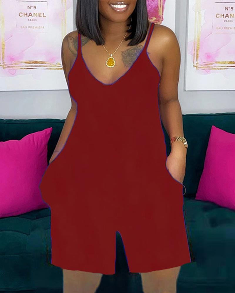 

V-Neck Pocket Detail Spaghetti Strap Romper, Red