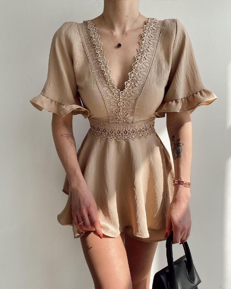 

Contrast Lace Tied Detail Backless Romper, Khaki