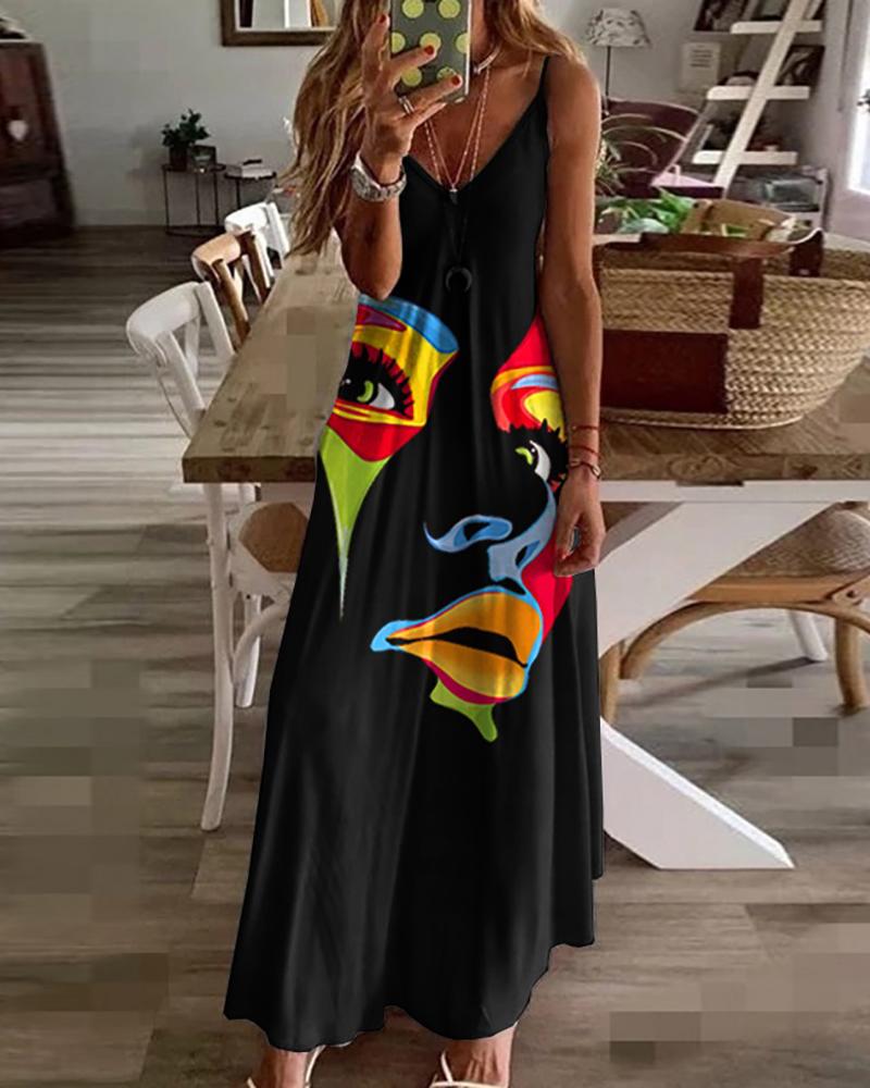 

Figure Print Spaghetti Strap Maxi Dress, Black