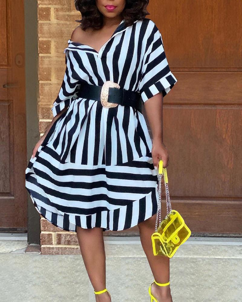

Striped Print Button Front Shirt Dress, Black