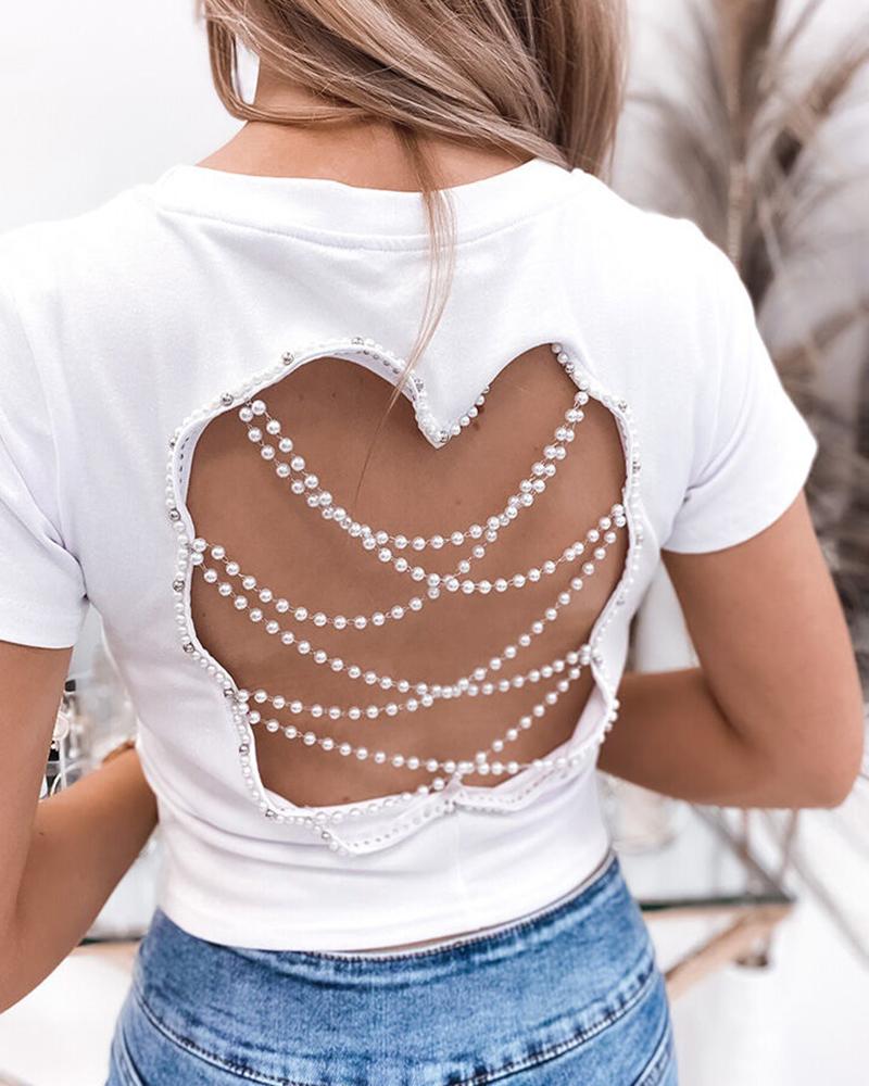 

Pearls Chain Decor Backless Top, White