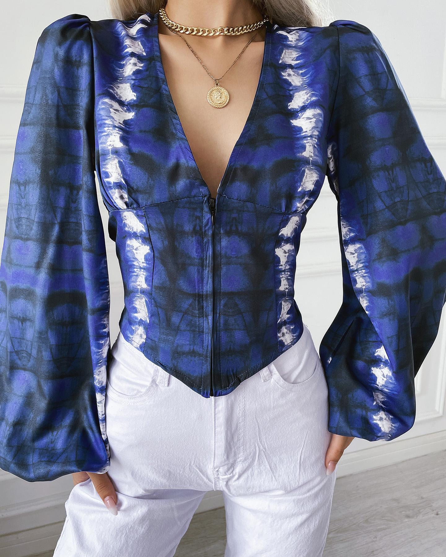 

Tie Dye V-Neck Zipper Front Lantern Sleeve Top, Blue