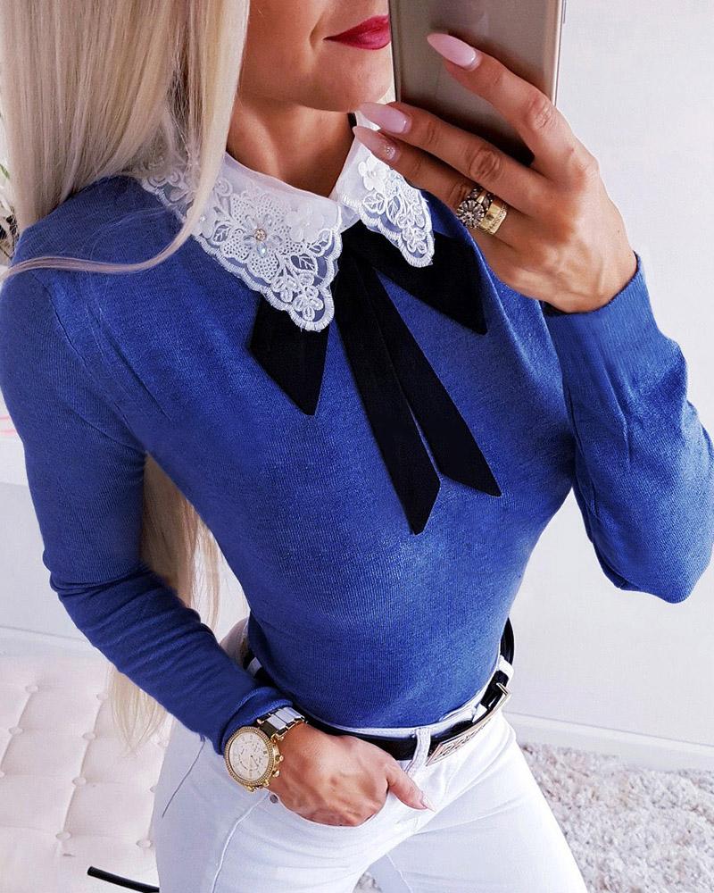 

Crochet Lace Insert Bowknot Long Sleeve Blouse, Blue