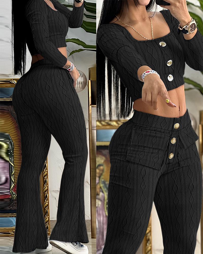 

Square Neck Cable Textured Crop Top & Flared Pants Set, Black