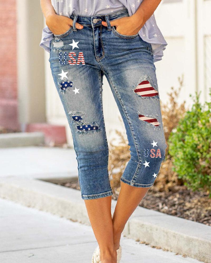 

Independence Day USA Flag Letter Print Patchwork Capris Jeans, Blue