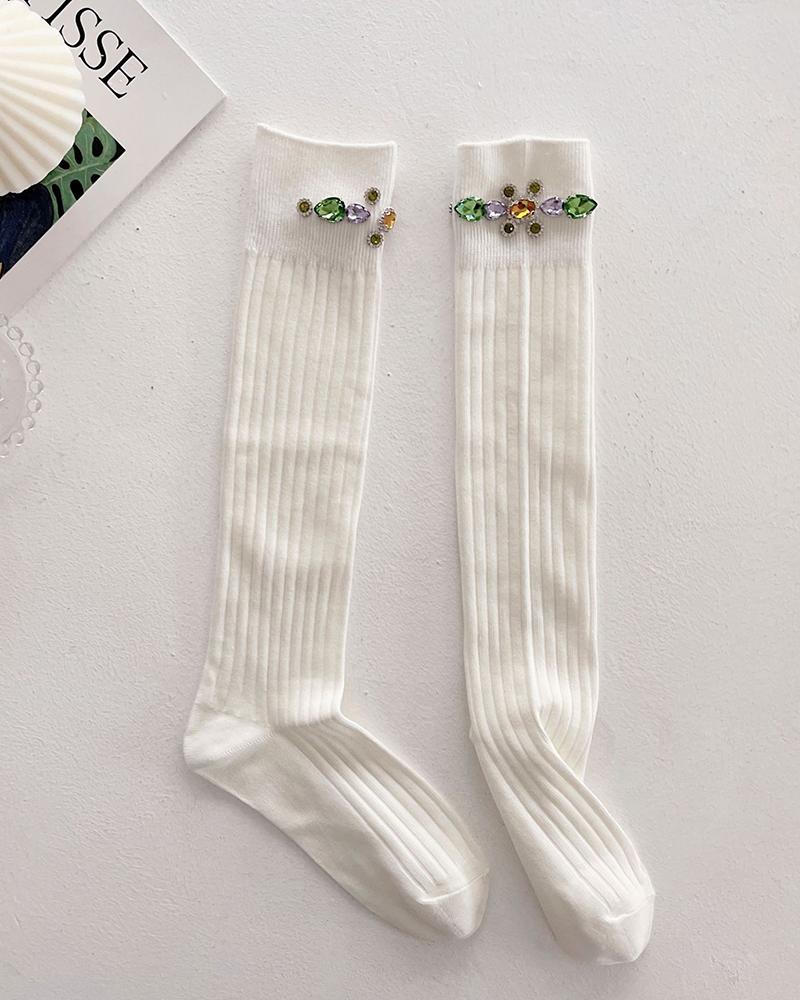 

1Pair Gem Stone Decor Knee High Socks, White