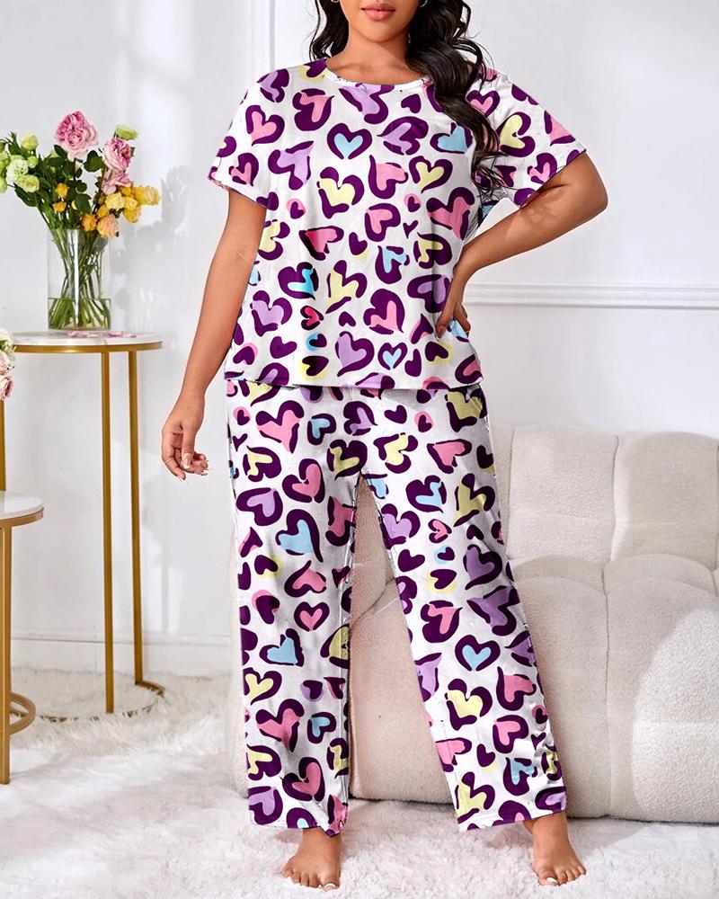 

Plus Size Heart Print High Waist Pajamas Set, Multicolor