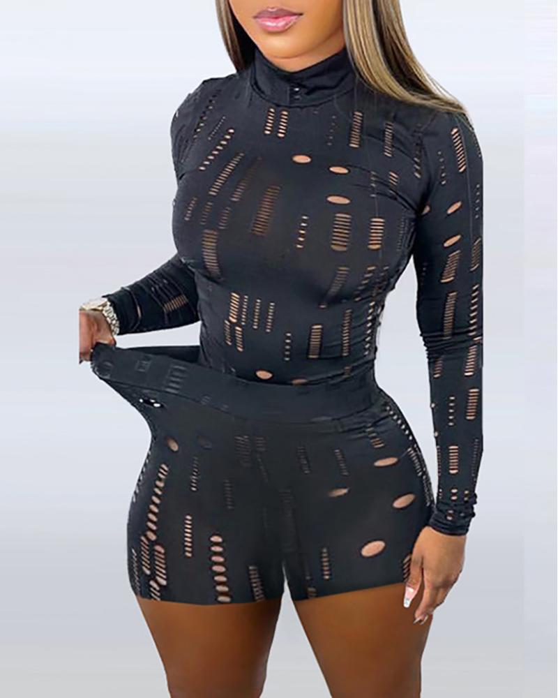 

High Neck Cutout Top & High Waist Shorts Set, Black