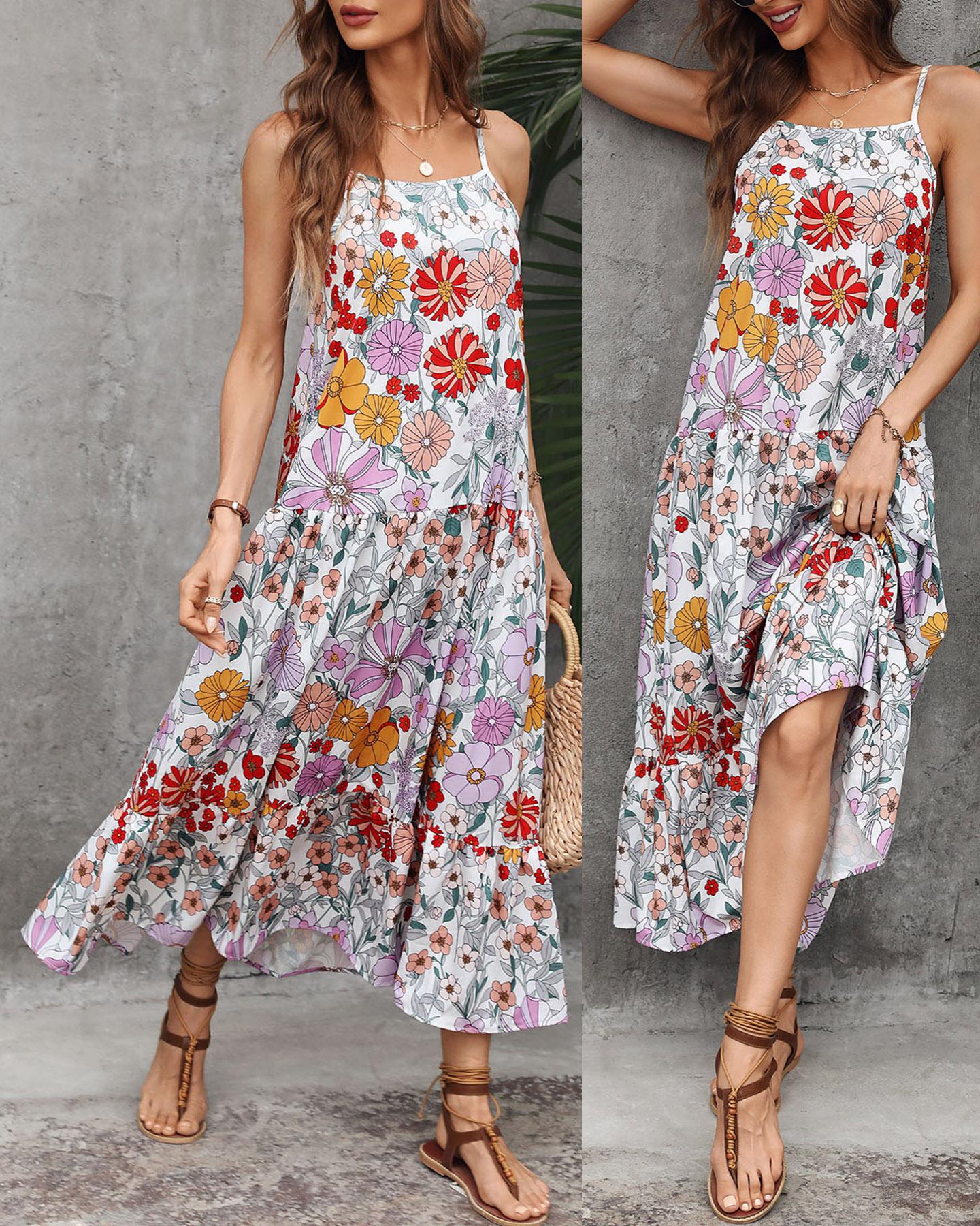 

Spaghetti Strap Floral Print Maxi Dress, Multicolor