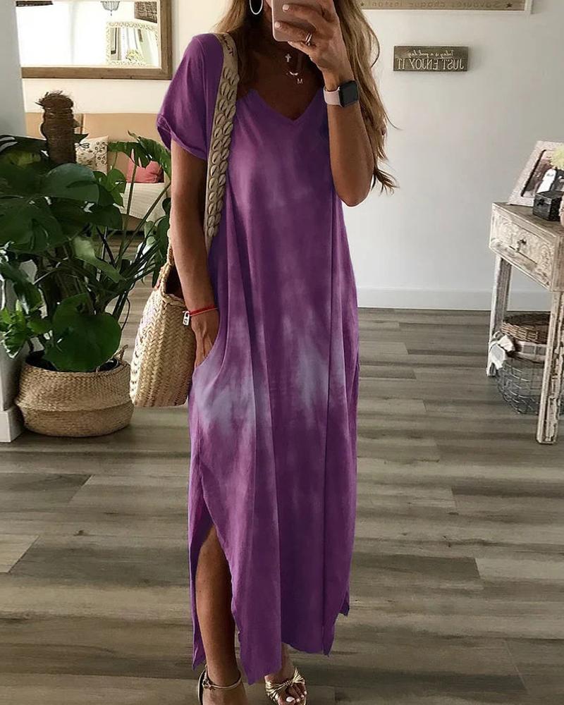 

Tie Dye Print Split Hem Pocket Design Casual Dress, Purple