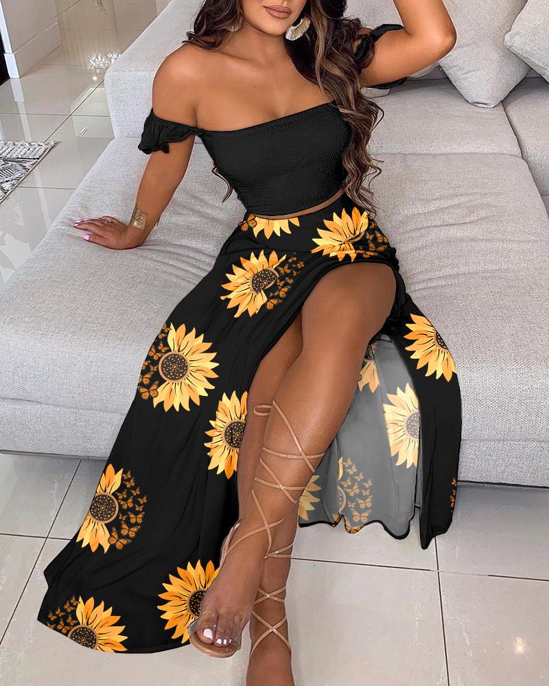 

Shirred Crop Top & Sunflower Butterfly Print High Slit Skirt Set, Black