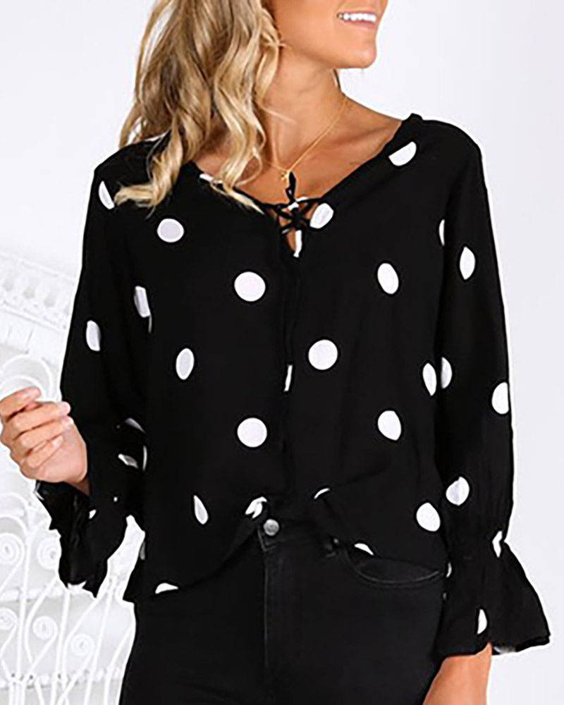 

Polkadot Print Bell Sleeve Tie Front Top, Black