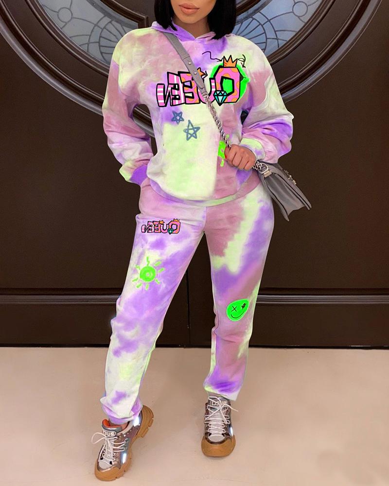 

Tie Dye Cartoon Print Long Sleeve Top & Pants Set, Purple
