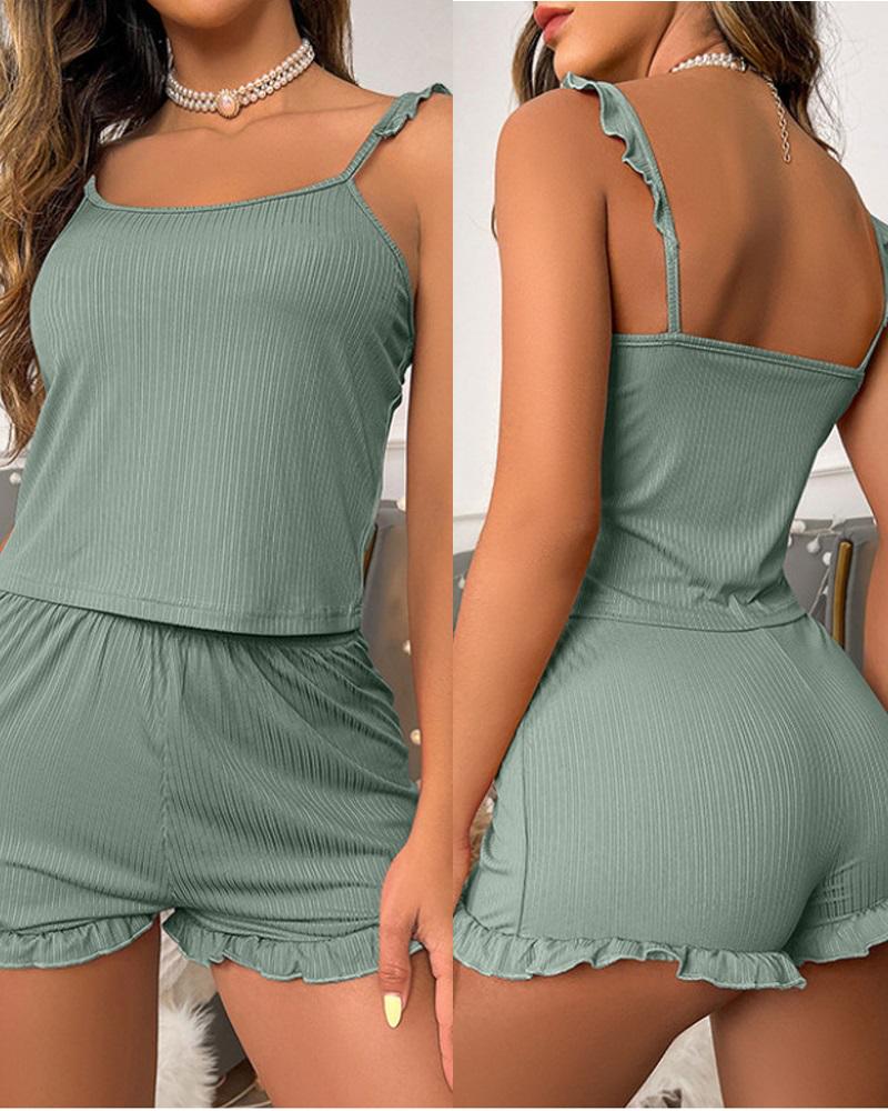 

Frill Hem Scoop Neck Cami Set, Green