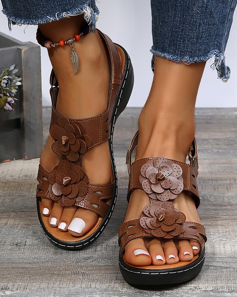 

Floral Pattern Cutout Slingback Sandals, Brown