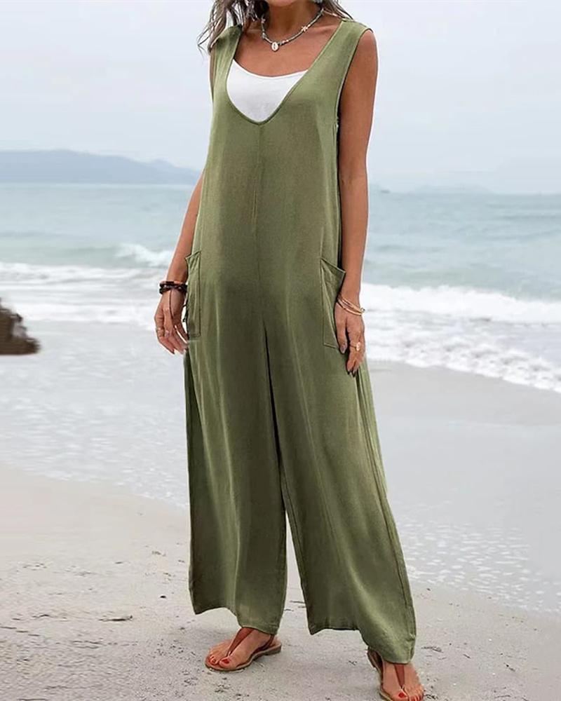 

Pocket Design Wide Leg Jumpsuit, Green