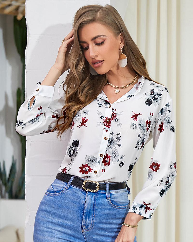 

Floral Print Long Sleeve Buttoned Shirt, White