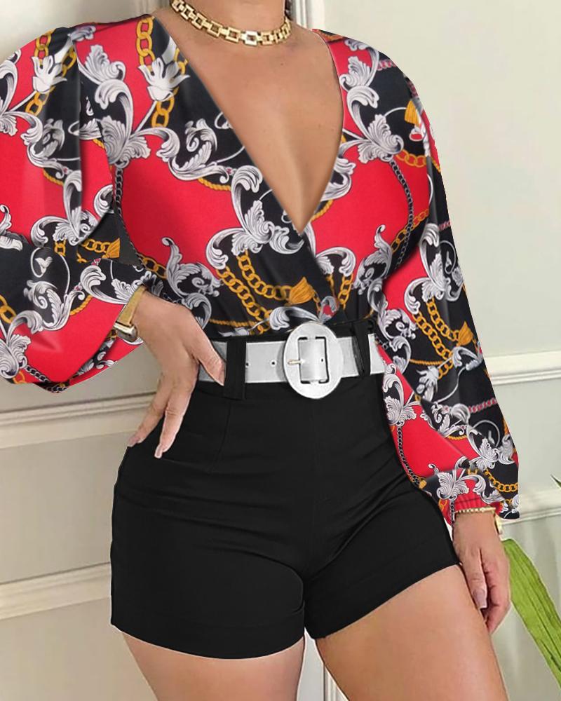 

Scarf Chain Print V-Neck Long Sleeve Top & Shorts Set, Black