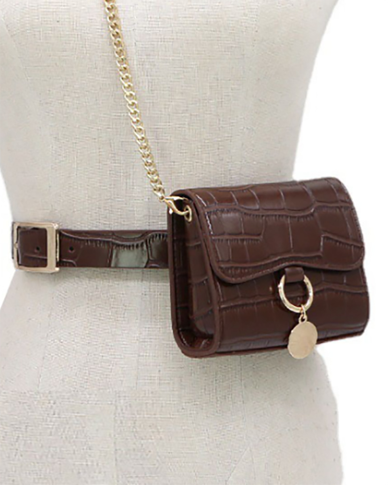 

Croc Embossed Eyelet Chain Strap Buckled O Ring Fanny Pack, Coffee