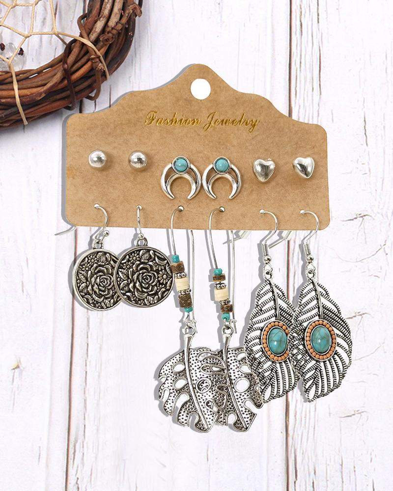 

6Pairs Bohemian Vintage Hollow Turquoise Heart Leaf Moon Geometric Earrings Set, Silver