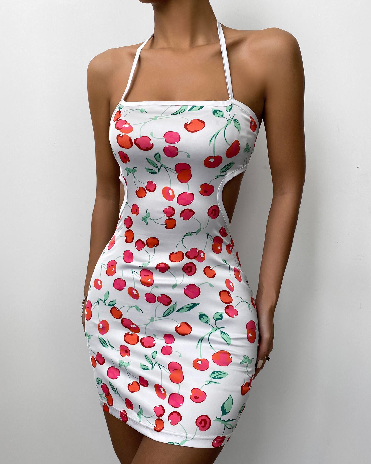 

Cherry Print Cami Hollow-out Straight Dress, Multicolor