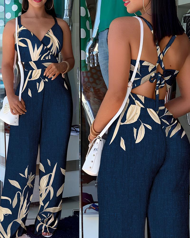 

Plants Print Backless Tied Detail Jumpsuit, Dark blue