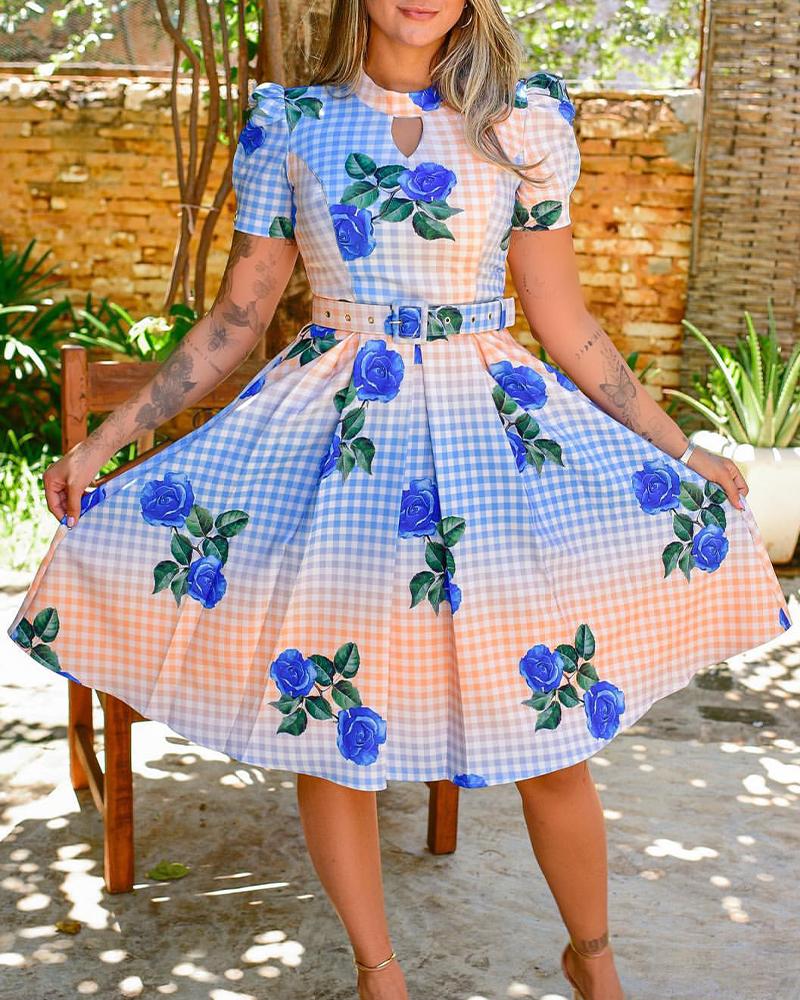 

Floral Plaid Print Puff Sleeve Belted Dress, Blue