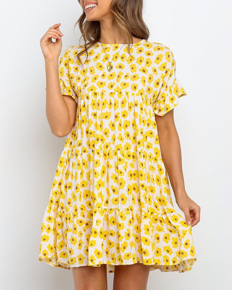 

Floral Print Ruffles Mini Women Dress, Yellow