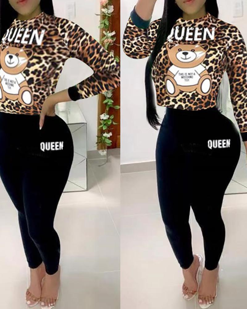 

Bear Cheetah Print Top & Letter Print Pants Set, Multicolor