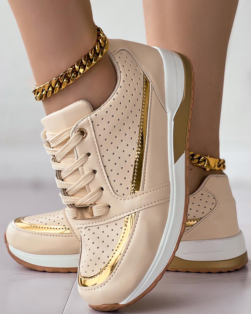 

Hollow Out Lace-Up Breathable Sneakers, Apricot