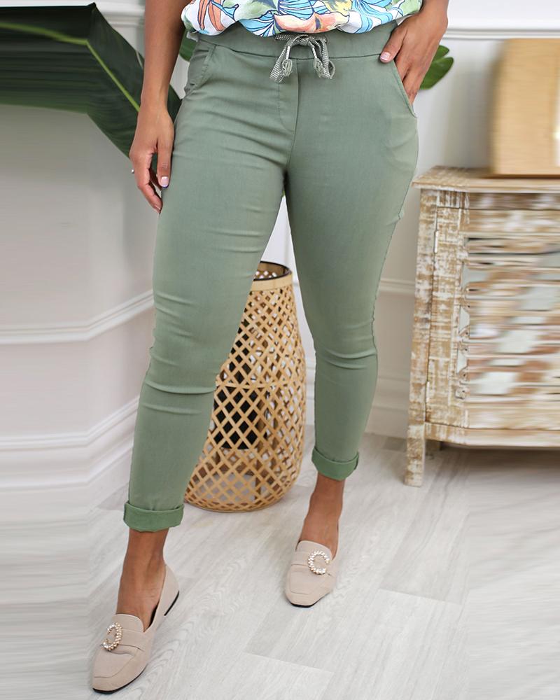 

Drawstring Pocket Design Skinny Pants, Light green