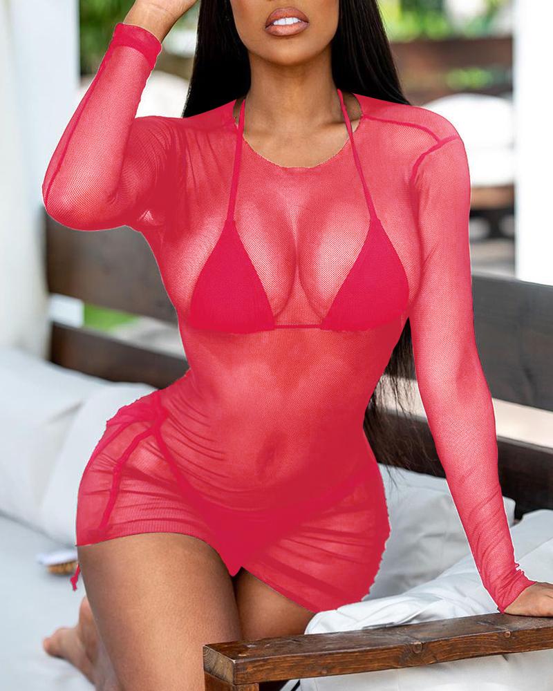 

Ruched Sheer Mesh Cover Up Dress, Pink