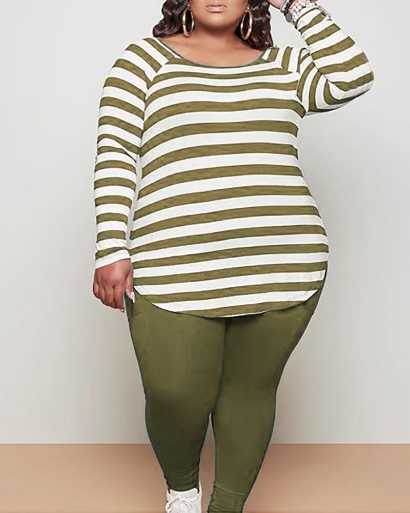 

Plus Size Long Sleeve Striped Top & High Waist Pants Set, Army green