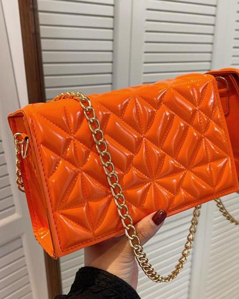 

Metallic Quilted Chain Strap Flap Shoulder Bag, Orange