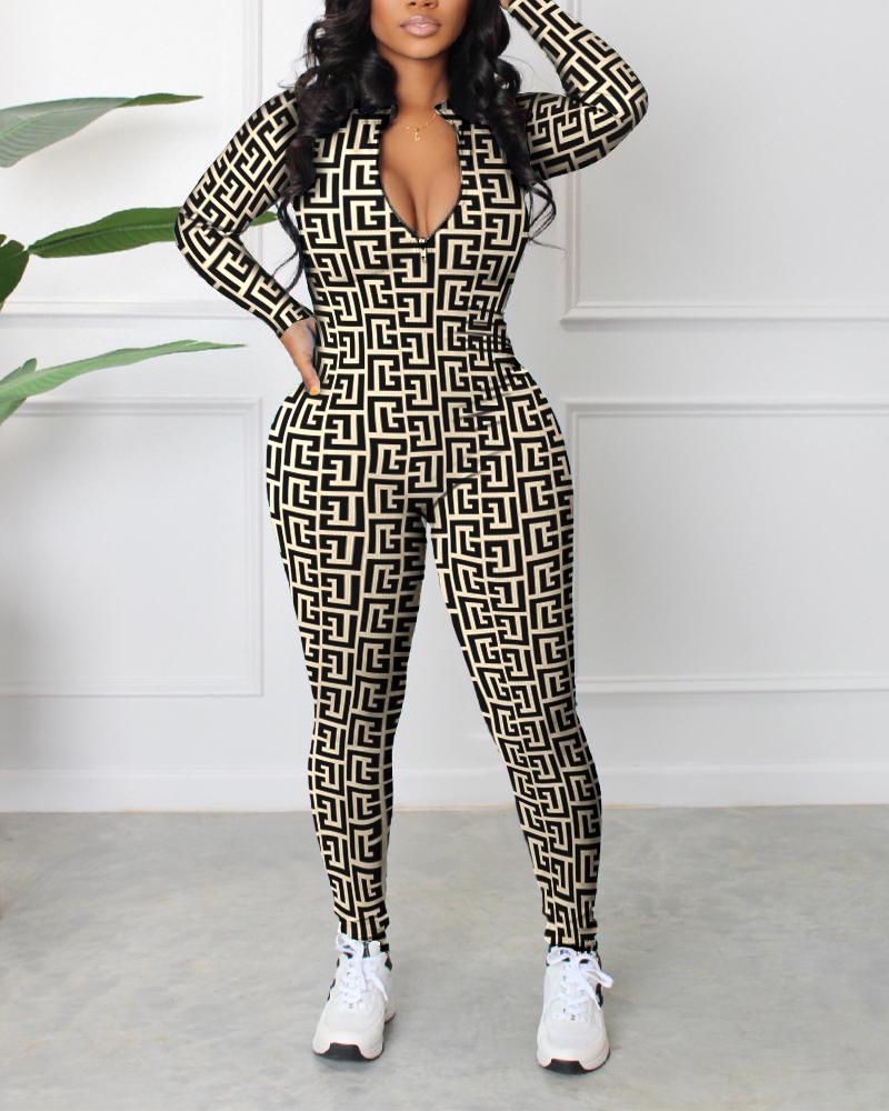 

Geometric Print Long Sleeve Zip Front Jumpsuit, Khaki