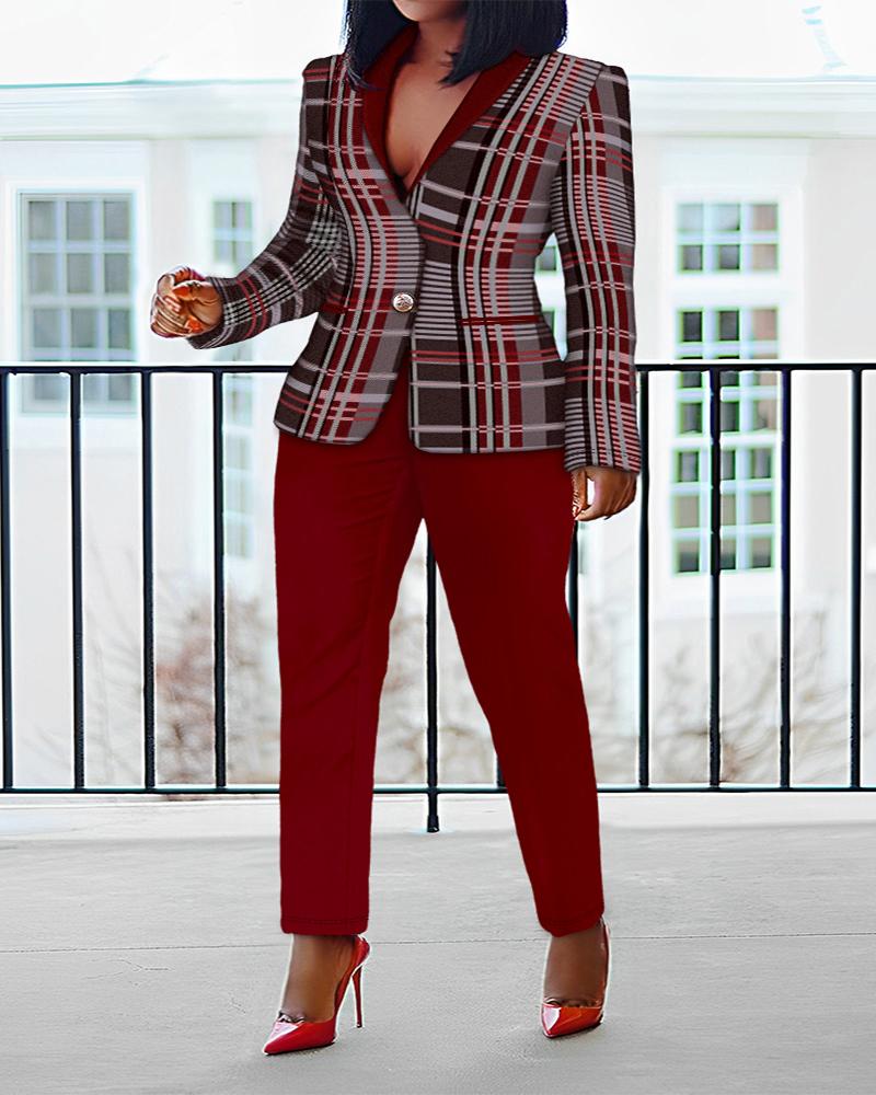 

Plus Size Plaid Print Shawl Collar Blazer Coat & Pants Set, Wine red