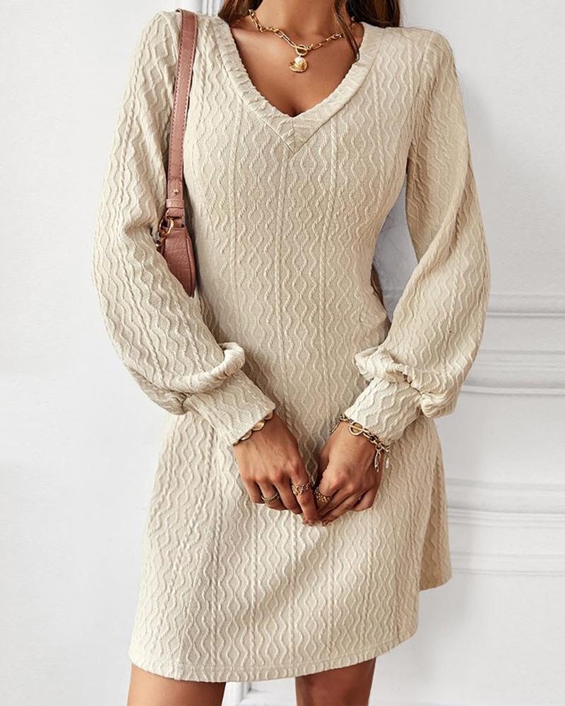 

Lantern Sleeve Cable Textured Casual Dress, Apricot