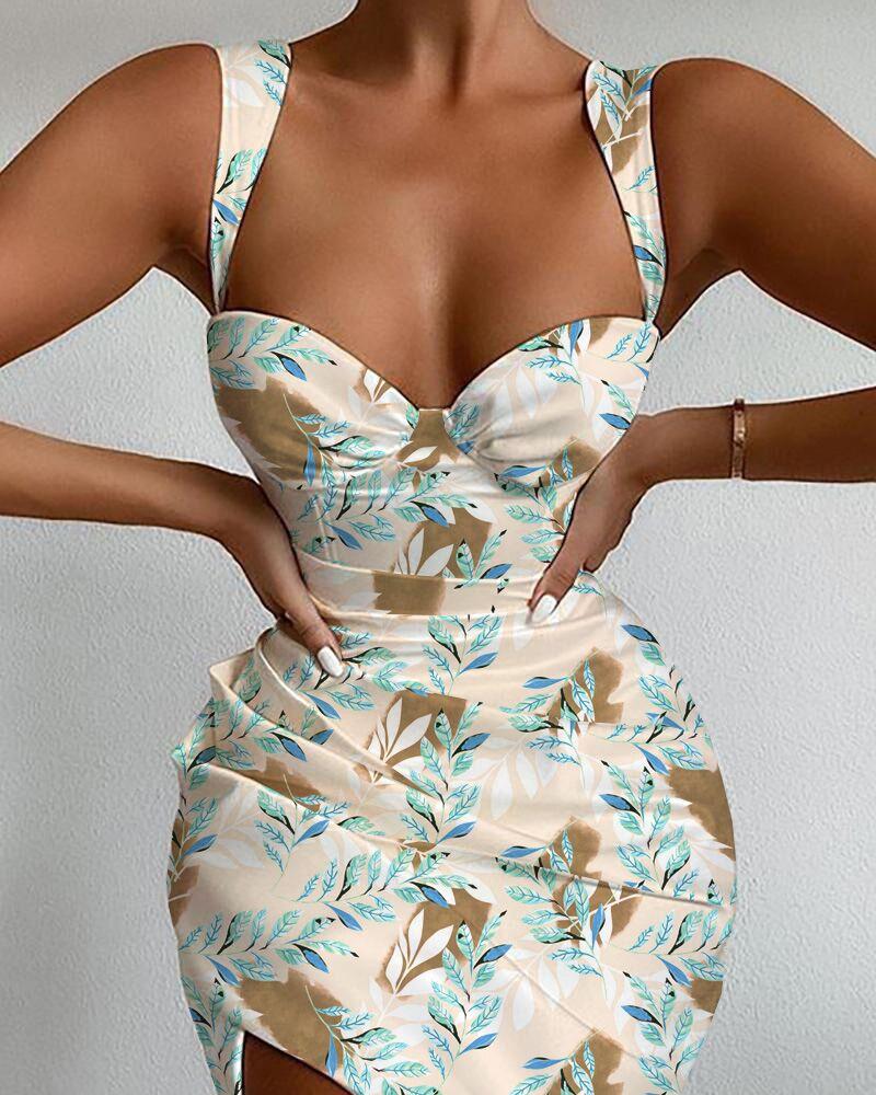 

Leaf Print Sleeveless Ruched Bodycon Dress Casual Summer Dress Midi Dress, Blue