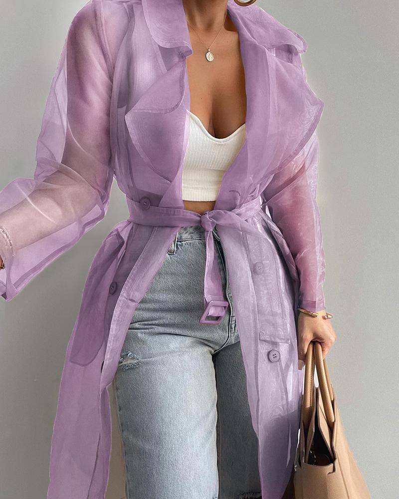 

Sheer Mesh Long Sleeve Buttoned Coat With Belt, Purple