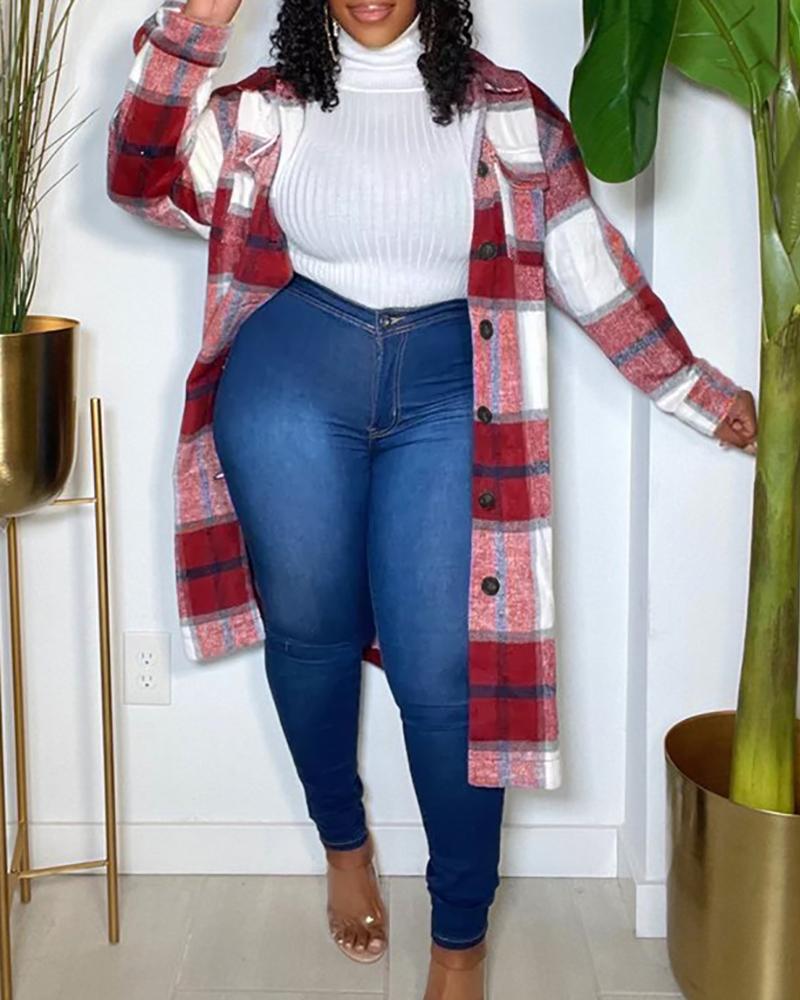 

Plaid Print Long Sleeve Buttoned Pocket Design Shacket, Red