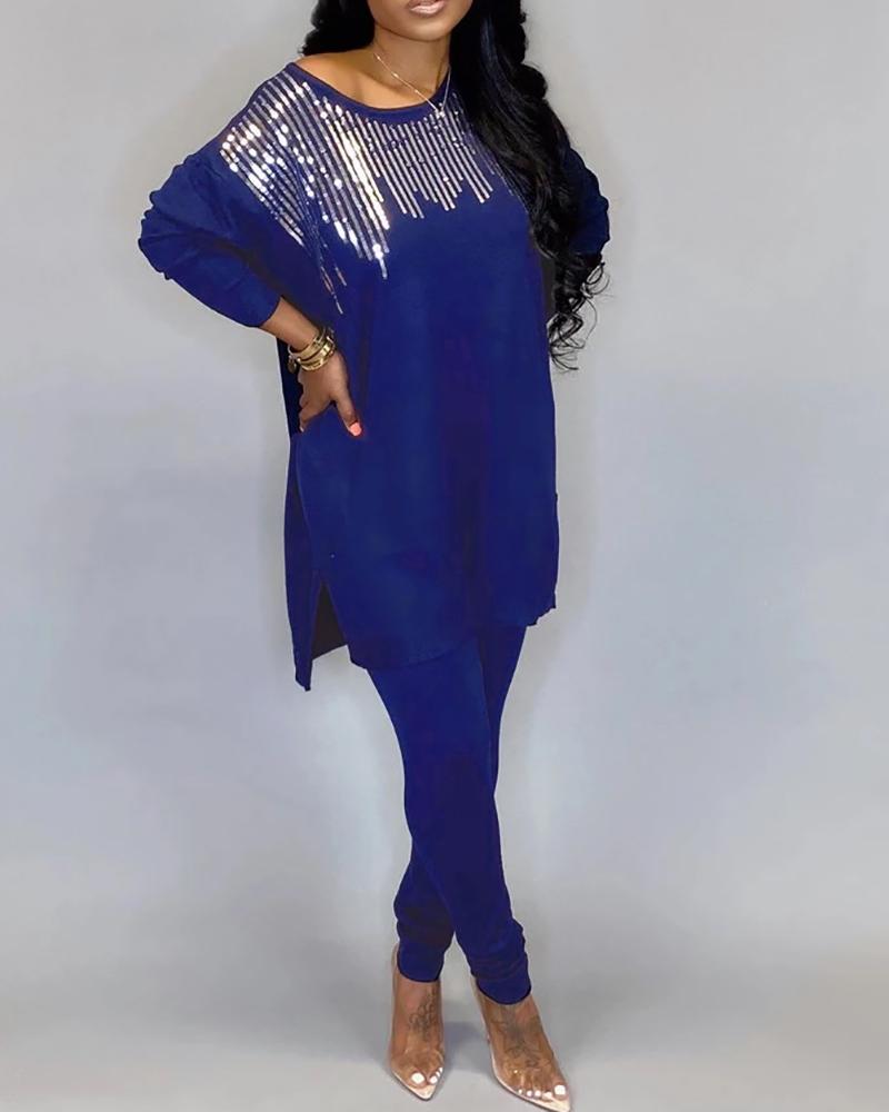 

Sequins Slit Long Sleeve Top & Pants Set, Blue