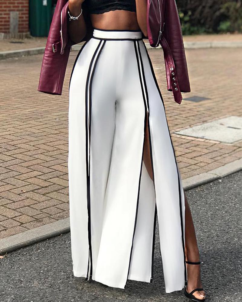 

Contrast Piping Slit High Waist Bootcut Pants, White