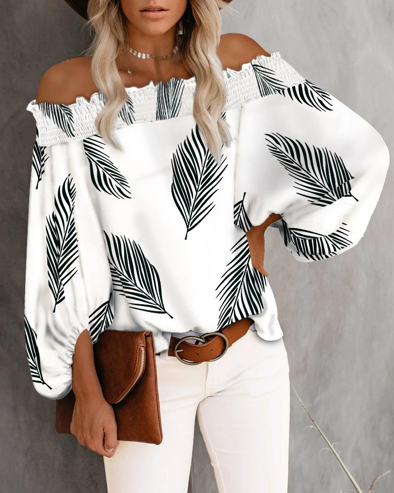 

Shirred Off Shoulder Lantern Sleeve Leaf Print Top, White