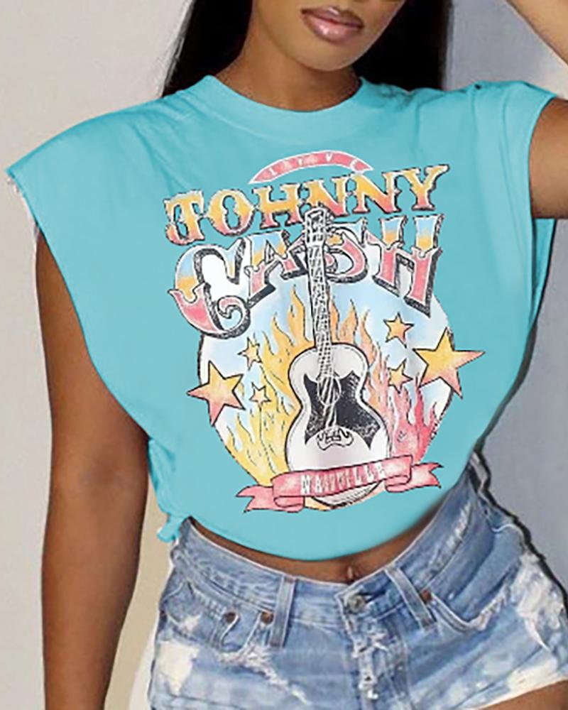 

O-Neck Letter Graphic Print T-shirt, Lighted blue