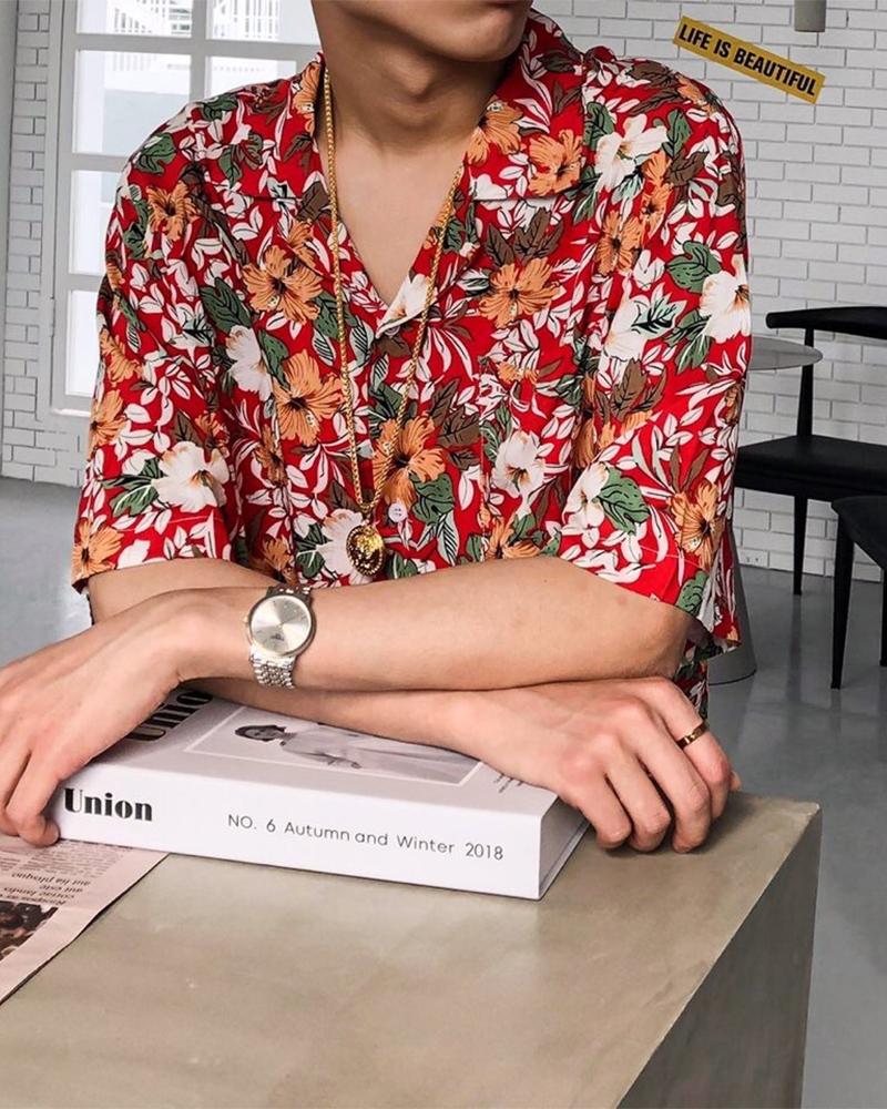 

Floral Print Short Sleeve Button-up Shirts, Red
