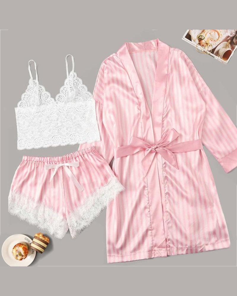 

Satin Lace Trim Robe & Cami Set, Pink