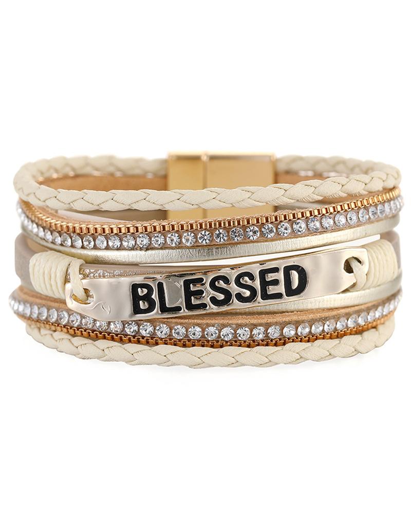 

1pc Letter Braided Rhinestone Multi-layer Wide Magnetic Bracelet, Nude