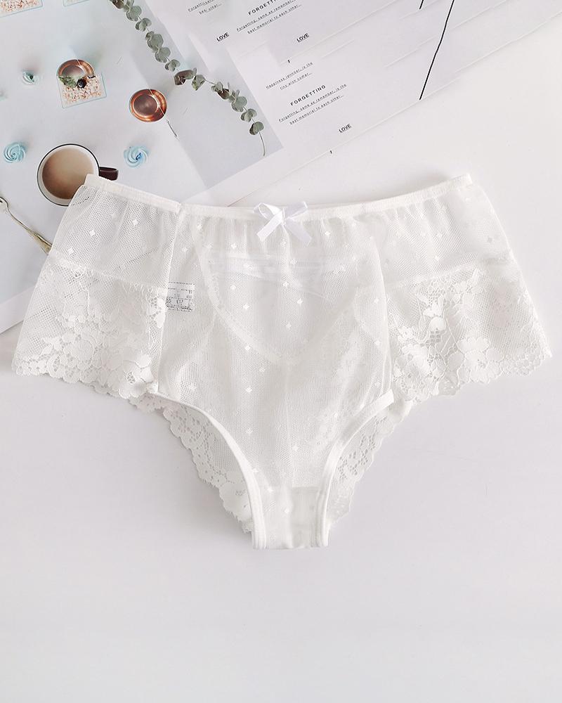 

Dot Mesh Crochet Lace Cutout Skinny Panty, White